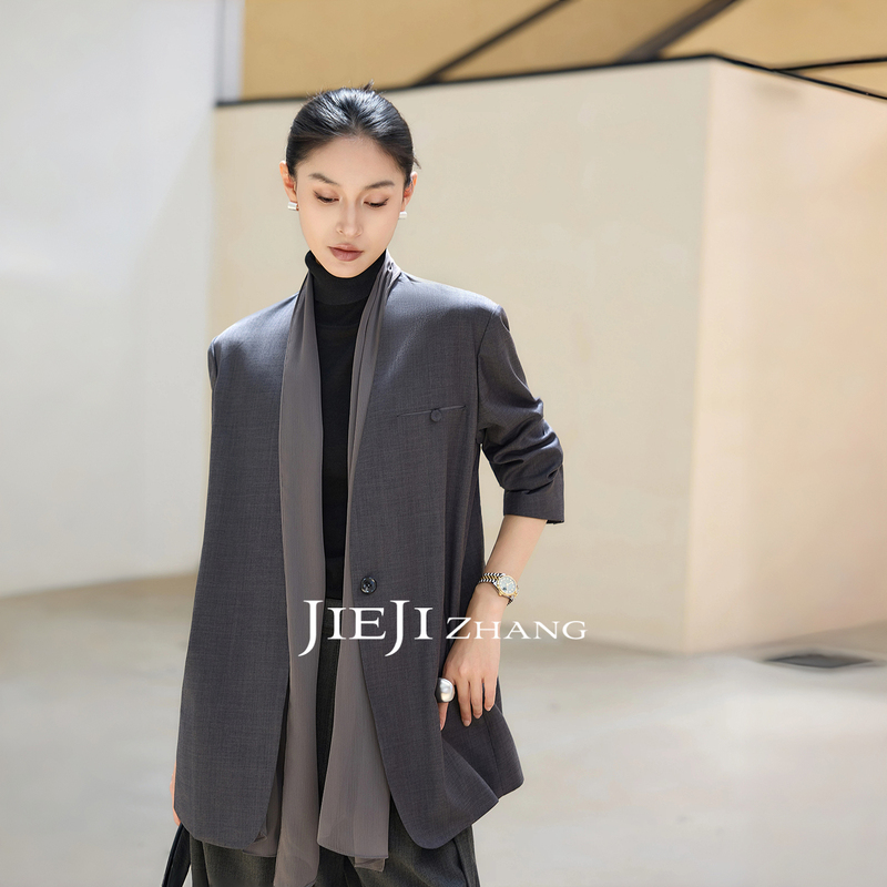 Zhang Qi Jieji Zhang【Intellectual Gray Tone】Autumn Old Money Style Ribbon Coat Wool Women's Gray Blazer Zhang Qi Jieji Zhang【Intellectual Gray Tone】Autumn Old Money Style Ribbon Coat Wool Women's Gray Blazer