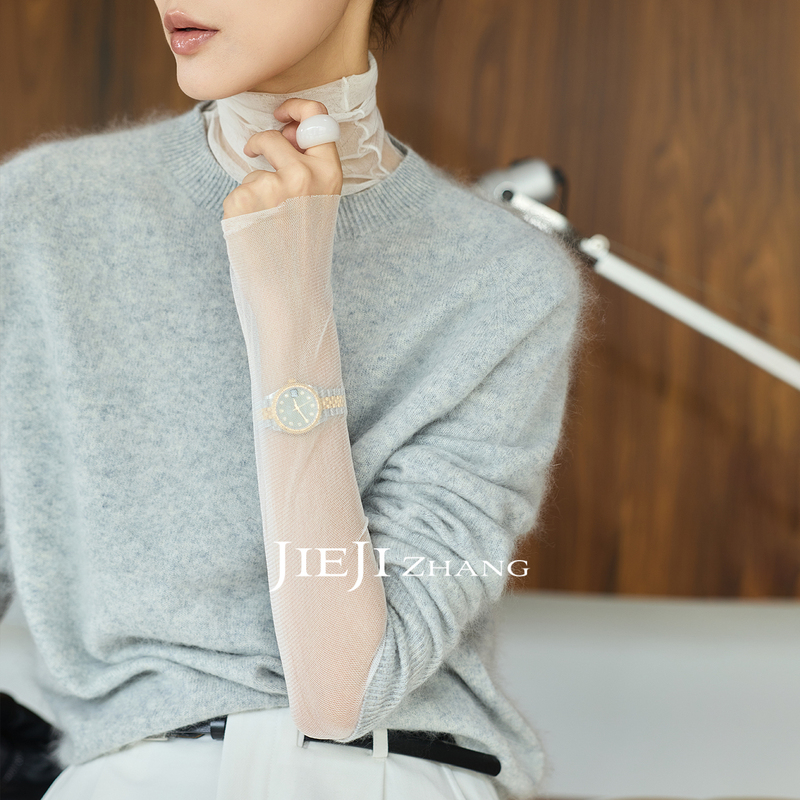 Zhang Qi Jieji Zhang【Simple】100% Mulberry Silk Long Sleeve Top with Mesh Inner Layer and High Neck Silk Base Layer