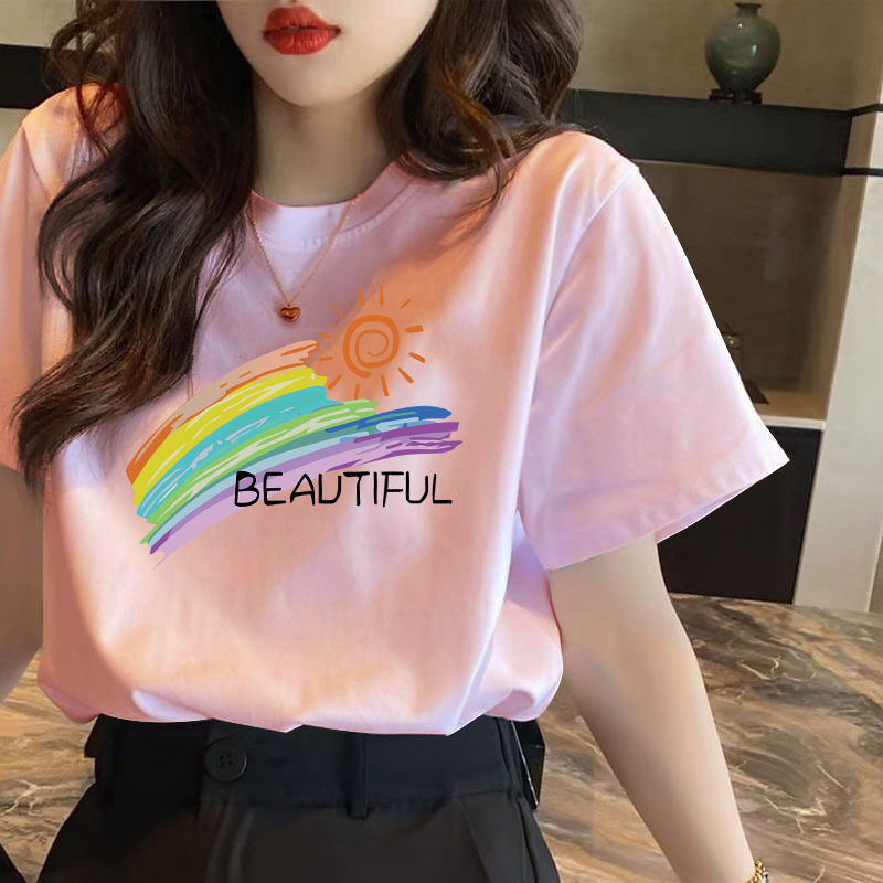 Pink T-Shirt for Women, Short-Sleeved, Loose Fit, Rainbow Design, 2026 New Summer European Style, Pure Cotton, European Station Women's Fashion Top, Trendy