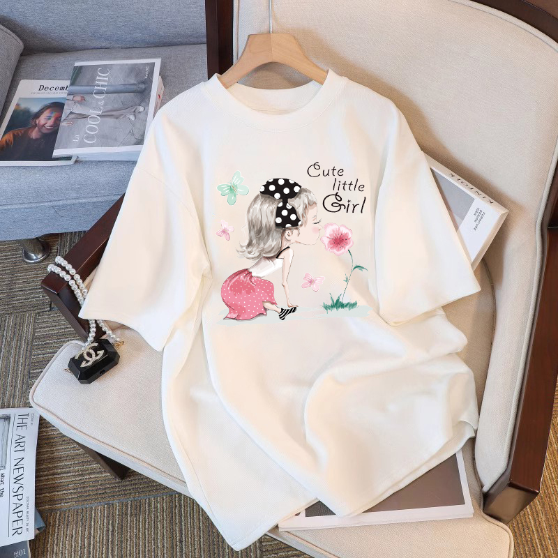 White T-Shirt for Women, Short-Sleeved, Loose Fit, Pure Cotton, 2026 New Summer Style, Plus Size, Cartoon, Age-Reducing, Mid-Length, Casual Top White T-Shirt for Women, Short-Sleeved, Loose Fit, Pure Cotton, 2026 New Summer Style, Plus Size, Cartoon, Age-Reducing, Mid-Length, Casual Top