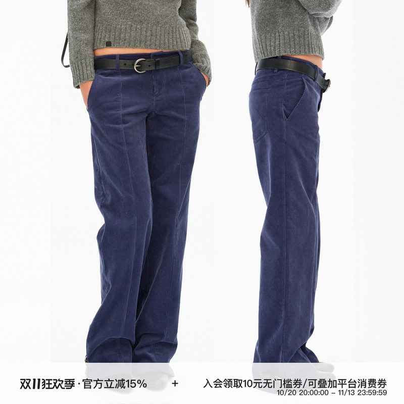 Curri and 100% Cotton Blue Vintage Textured Corduroy Ankle Strap Mid-Low Waist Straight Casual Pants