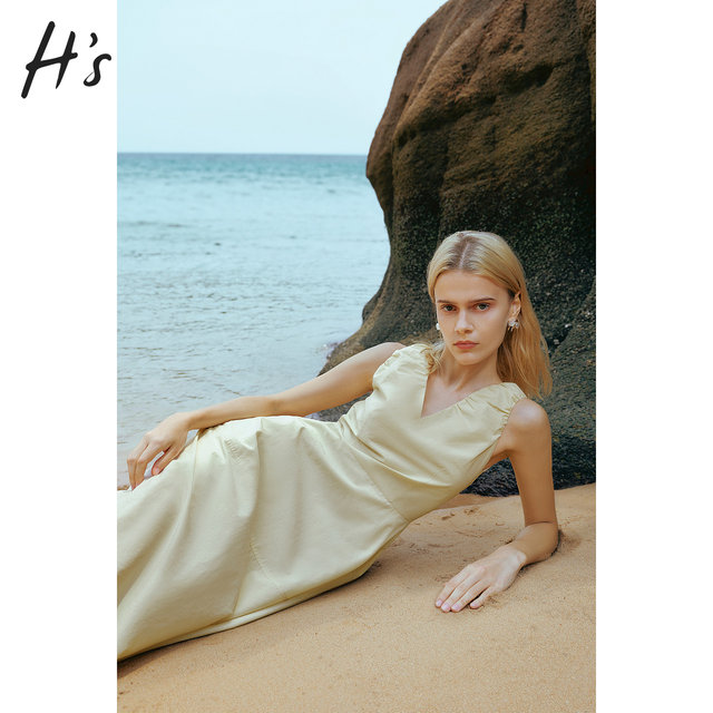 [Off-Season Clearance] Hs Outlet French-Style Sleeveless Dress, Summer Salt-Style Vacation Look, Pleated Waist-Cinching Tank Dress