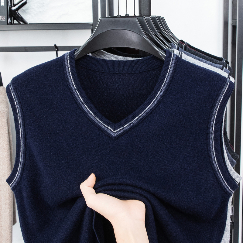High-End 100% Pure Wool Men's Thickened V-Neck Vest Pullover Sleeveless Sweater Knitwear