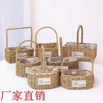 Straw portable flower basket rattan flower basket bamboo flower arrangement basket small flower basket woven basket succulent flower pot