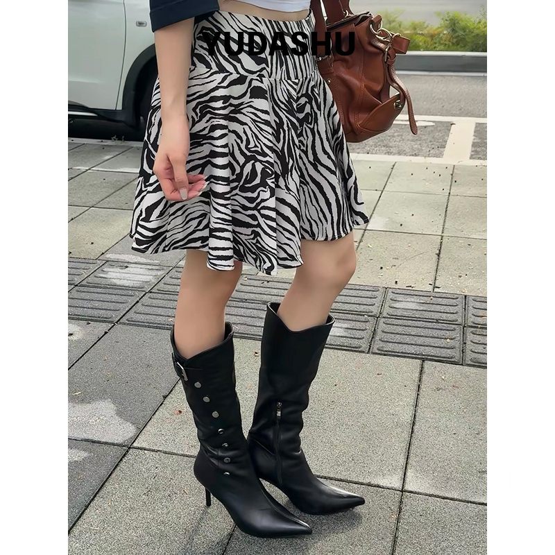 Uncle Yu~ Black Pointed-Toe Boots for Women, Studded High-Heeled Long Boots, Retro Belt Buckle Fold-Over Fashion Boots