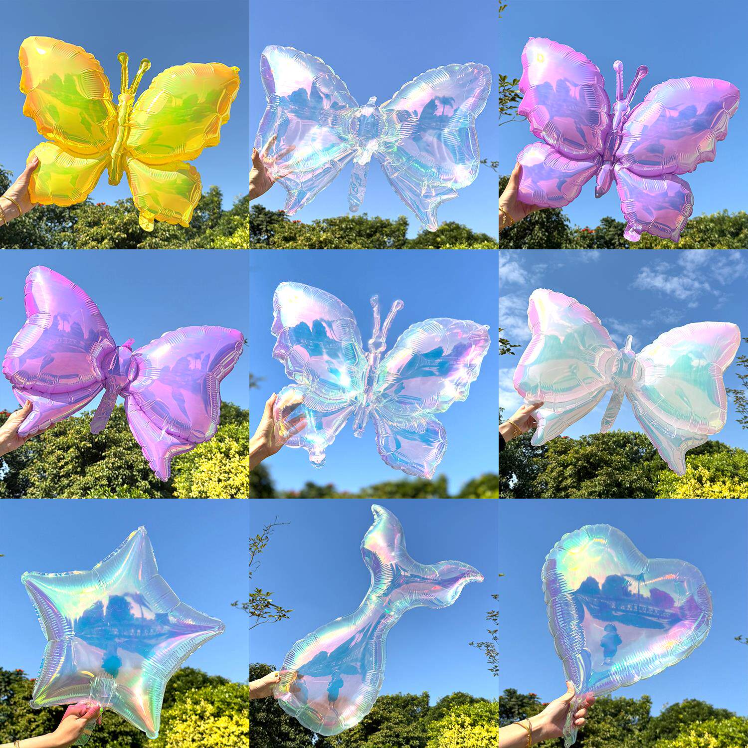 色とりどりの透明なアルミホイル製のハート型、蝶型、星型の風船は、無毒で無臭の子供向け誕生日飾りです。