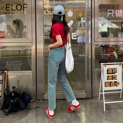 ELOF Прямые свободные джинсы, приталенные ретро штаны, высокая талия, в американском стиле, подходит для подростков