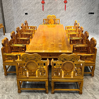 Golden Nanmu Conference Table, Small-Leaf Zhennan Solid Wood with Mortise and Tenon Craftsmanship, Modern Furniture, Large Slab Table, Throne-Style New Model