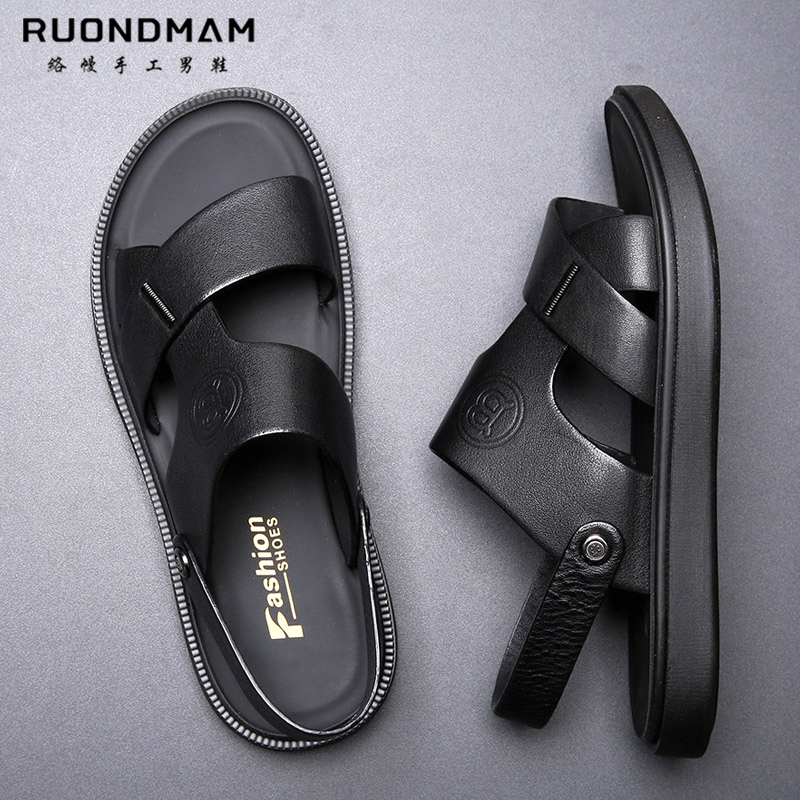 RUONDMAM high-end men's sandals new leather leather beach shoes soft bottom non-slip men's casual sandals