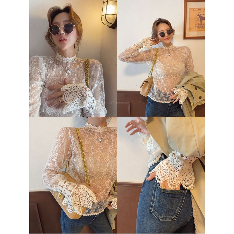 Plus-Size Korean Women's Fashion Early Autumn New Style for Curvy Women, High-End Elegant Fashion Half-High Collar Lace Base Shirt Inner Top Plus-Size Korean Women's Fashion Early Autumn New Style for Curvy Women, High-End Elegant Fashion Half-High Collar Lace Base Shirt Inner Top