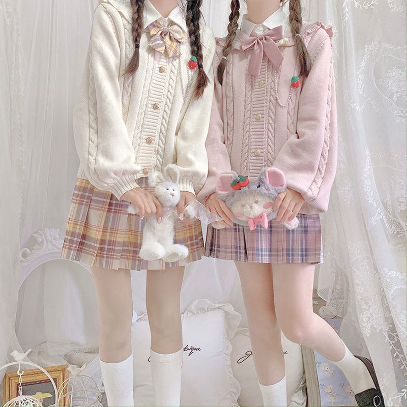 (Small Strawberry) JK Uniform Sweater Knit Jacket Warm Cardiovert Long Sleeve Jacket