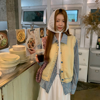 Lsland contrasting color design knitted sleeveless sweater vest for women autumn new style layered loose vest cardigan