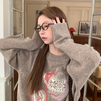 Lsland retro jacquard round neck pullover sweater for women autumn new loose and versatile knitted top