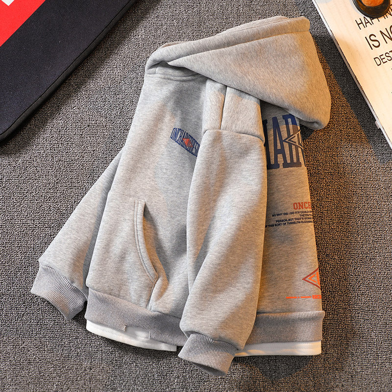 Boys' fleece sweater spring and autumn models 2022 new middle and large children's thickened one-piece velvet boy children's autumn hooded trend