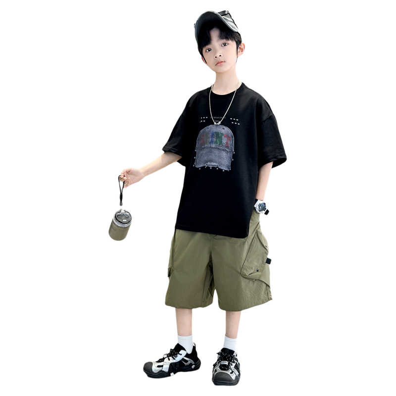 男童夏装套装2026新款中大童夏季男孩薄款痞帅风短袖儿童白色上衣