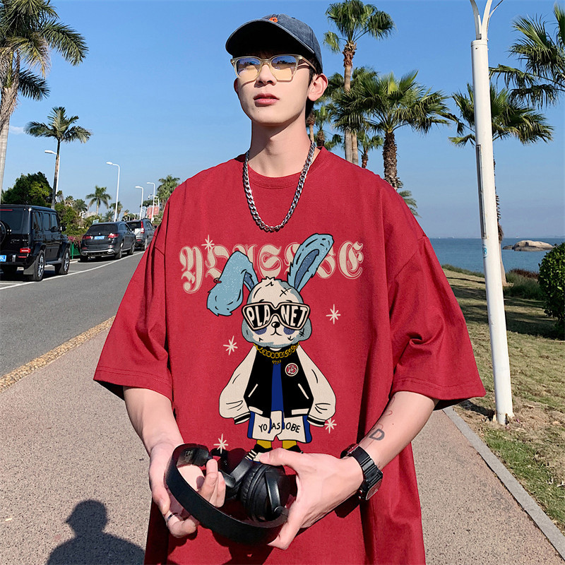 Claralee American Style Short-Sleeved T-Shirt for Men, Summer High Street Half-Sleeve Top, Trendy Brand Loose Five-Quarter Sleeve T-Shirt