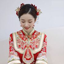 Flower bride headdress Xiuhe wedding round face simple atmospheric New Year high-end red fluff flower