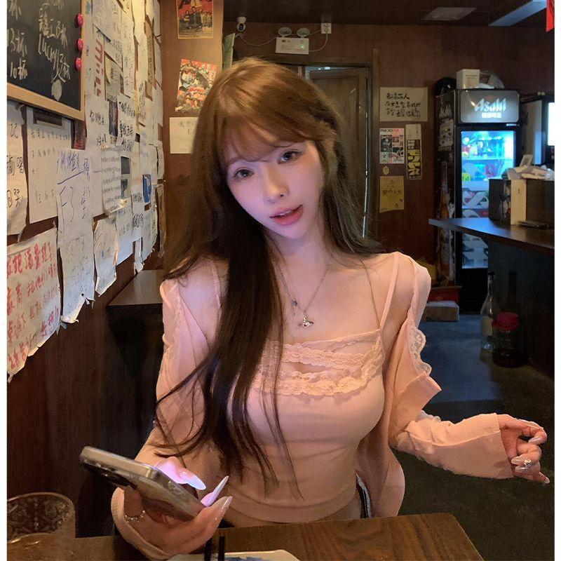 Plus Size 1.0-150kg Lace Camisole Cardigan Long-Sleeved T-Shirt for Women Early Autumn Sweet Pure Desire Sexy Top Plus Size 1.0-150kg Lace Camisole Cardigan Long-Sleeved T-Shirt for Women Early Autumn Sweet Pure Desire Sexy Top