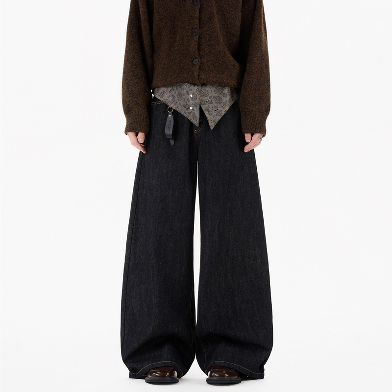 Nnl In-Stock Original Paisley Pattern Cuffed Buttoned High-Waisted Jeans Unisex Loose Straight-Leg Floor-Length Pants
