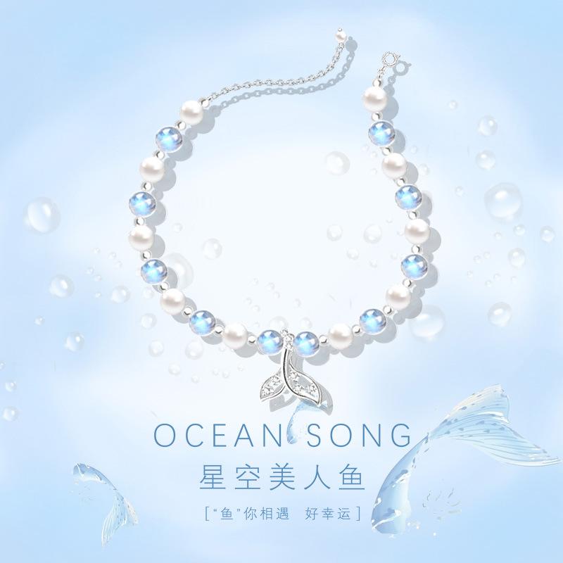 Pure silver crystal design moonlight bracelet necklace baobao original freshwater pearl s925 mermaid tail fairy