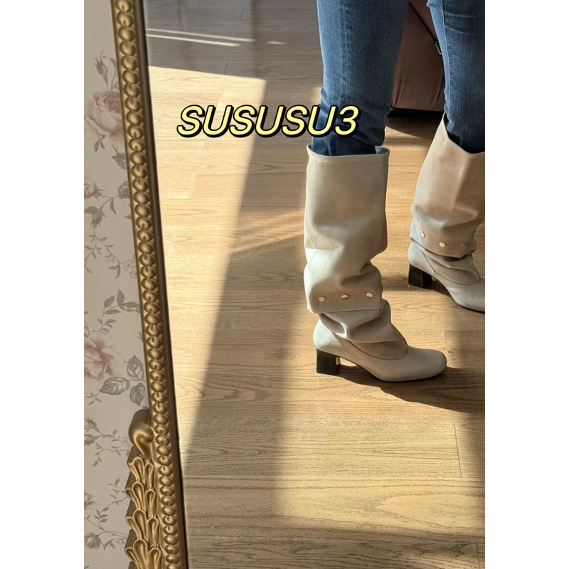 11/26 Mizuhara Kiko! New Retro Detachable Two-Way Wear Stacked Boots with Round Toe and Chunky Heel High Boots