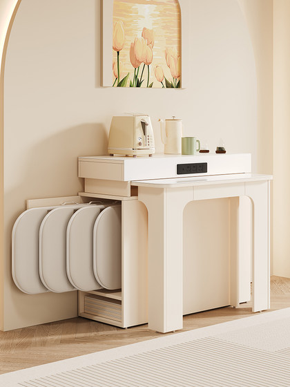 奶油风岛台岩板餐桌家用2025新款现代简约小户型客厅伸缩折叠饭桌