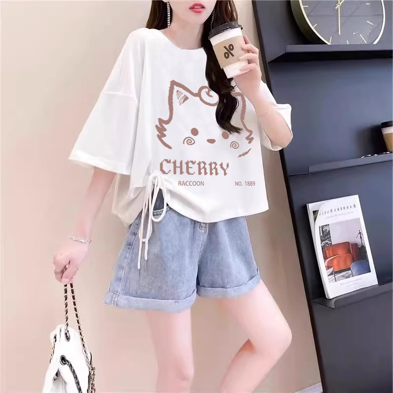 Popular and Super Cute Short-Sleeved Cotton Drawstring T-Shirt for Petite Women, Summer Slimming and Body-Covering Short Cartoon Top