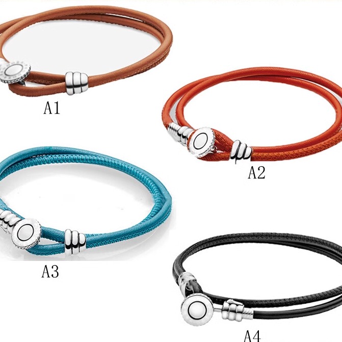 Panjia Leather Rope Golden Brown Sky Blue Black Leather Double Circle Bracelet Retro Multi-Color Leather Rope DIY Bracelet Versatile