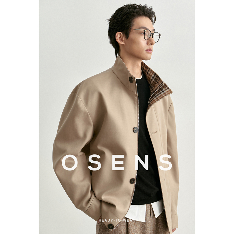 Osensmen Double-Ply Pure Cotton Retro Plaid Patchwork Loose Stand-Up Collar Harrington Jacket Men's Casual Jacket Osensmen Double-Ply Pure Cotton Retro Plaid Patchwork Loose Stand-Up Collar Harrington Jacket Men's Casual Jacket