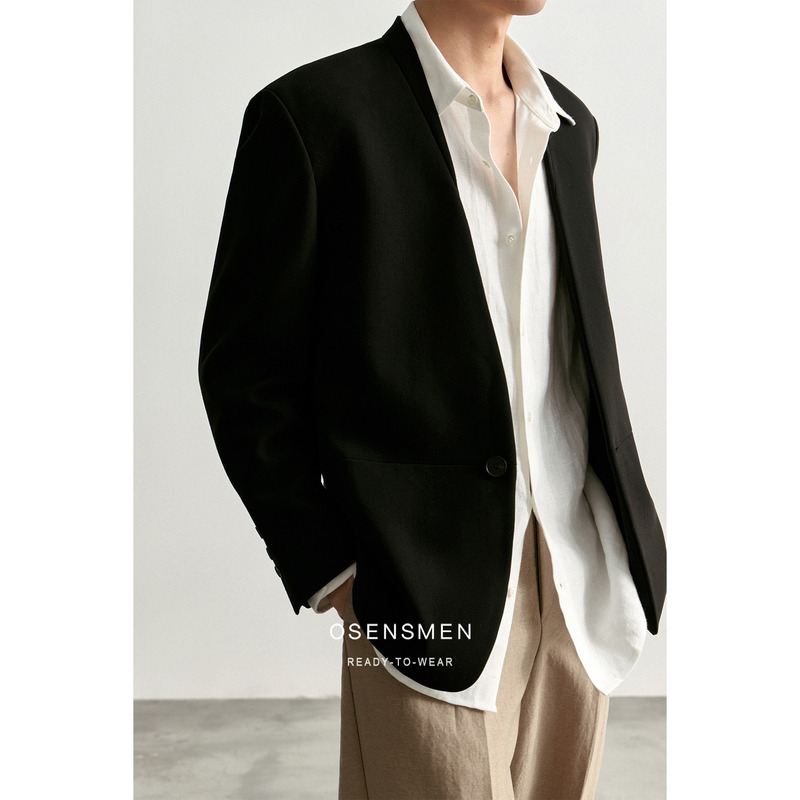 Osensmen Designer Collarless Suit Jacket, Simple and Relaxed Style, Single-Breasted Black Casual Suit for Autumn Osensmen Designer Collarless Suit Jacket, Simple and Relaxed Style, Single-Breasted Black Casual Suit for Autumn