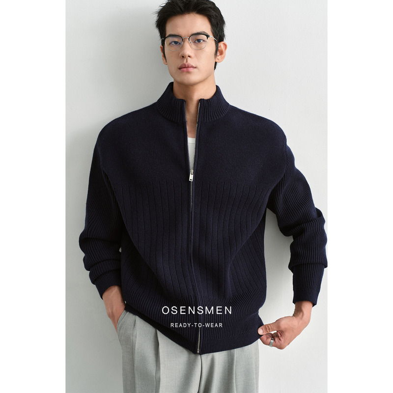 Osensmen Gradient Ribbed Texture 100% Merino Wool Men's Autumn and Winter Zipper Knit Jacket Osensmen Gradient Ribbed Texture 100% Merino Wool Men's Autumn and Winter Zipper Knit Jacket