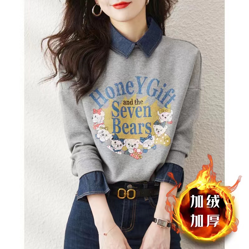 素木 Denim demi-season warm sweatshirt, fashionable warm top, polo collar, loose fit