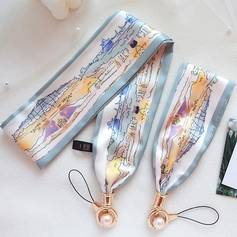 Ice silk oil painting French women's silk scarf lanyard hanging neck sling wide version personality mobile phone lanyard universal wrist short rope