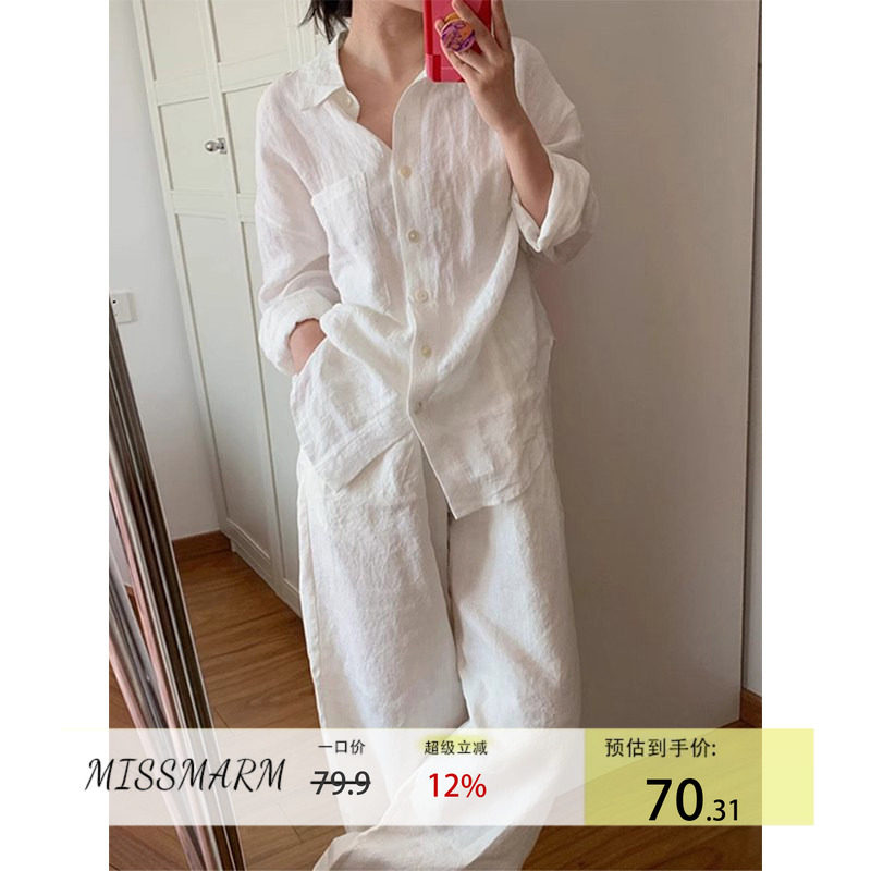 MISSMARM白色棉麻衬衫女春夏季韩版宽松慵懒休闲长袖防晒衬衫外套