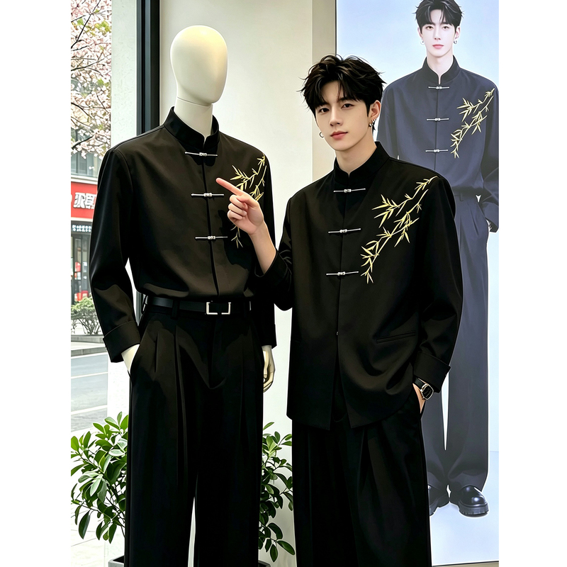 New Chinese-Style Men's Engagement Suit Set, Traditional Stand-Collar Zhongshan Suit with Gold Bamboo Embroidery, High-End Casual Suit