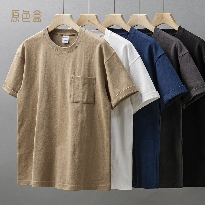 American 320g Heavy Flap Pocket Pants T-Shirt Men's Short-Sleeved Summer Retro Cotton Half-Sleeved Loose Pure Color Round Neck Bottoming Shirt