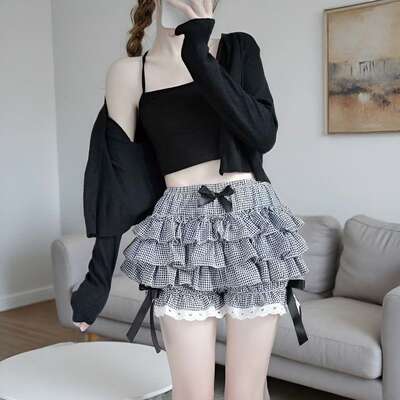 Lolita cute checkered pumpkin pants, puffy skirt pants, cake multi-layer lace safe summer shorts, versatile for girls