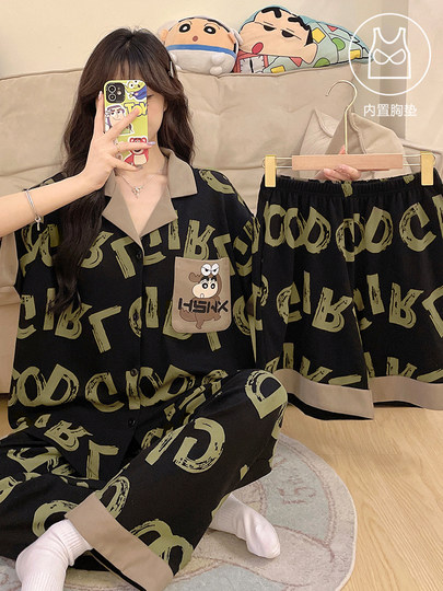 Women's Summer Pajamas with Built-In Chest Pads to Prevent Bumps, Spring and Autumn Short-Sleeved Shorts and Long Pants, Three-Piece Home Wear Set