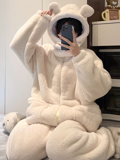 Niedliche Pyjamas aus Korallensamt mit Kapuze für Damen im Herbst und Winter sowie Samt und verdicktes Flanell können außerhalb des Heimkleidungssets im Winter getragen werden