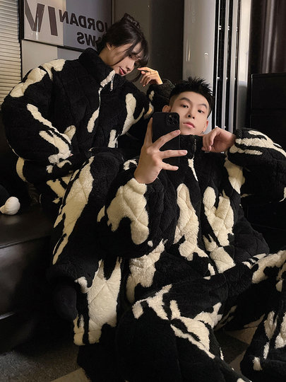 情侣睡衣女冬季三层加厚夹棉可外穿珊瑚绒保暖男士家居服湖南省服