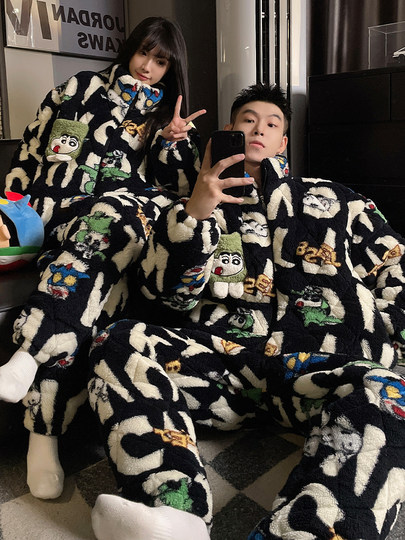 Crayon Shin-Chan Couple Pajamas for Women, Autumn and Winter, Three-Layer Quilted Coral Fleece, Thickened Men's Loungewear, Hunan Province Clothing