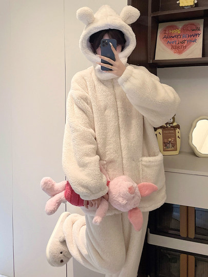 Niedliche Pyjamas aus Korallensamt mit Kapuze für Damen im Herbst und Winter sowie Samt und verdicktes Flanell können außerhalb des Heimkleidungssets im Winter getragen werden