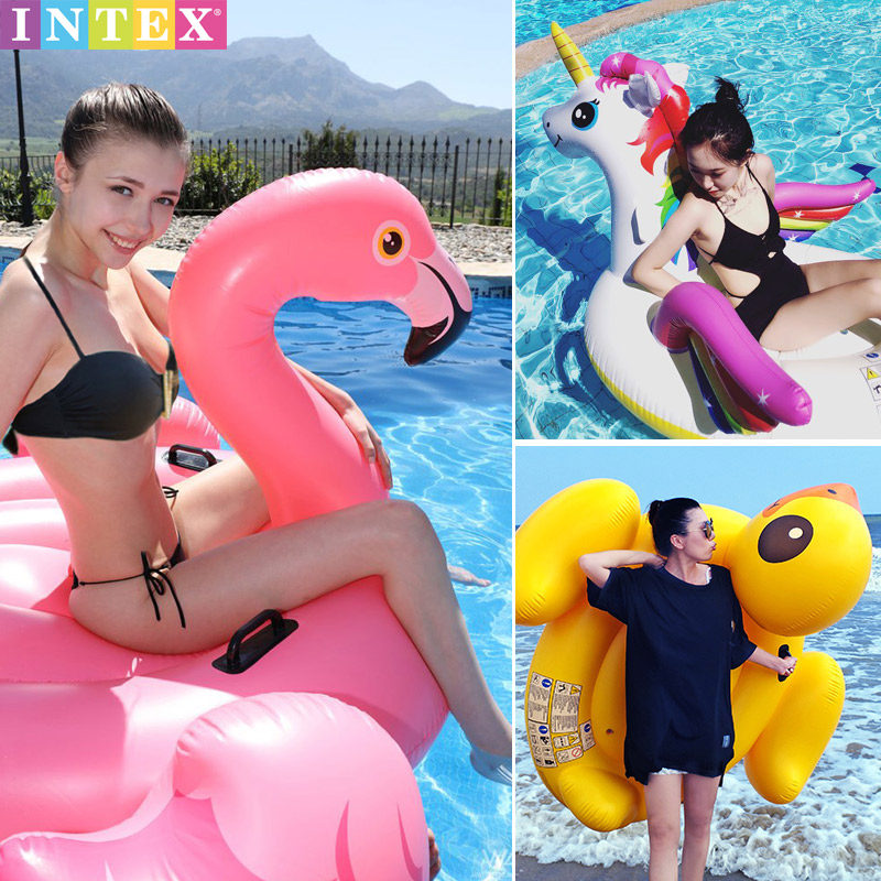 INTEX children's floating row floating bed inflatable water mount big yellow duck swimming pool floating toy flamingo swimming ring