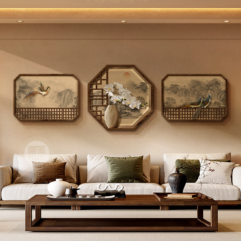 New Chinese-Style Elegant Living Room Decorative Painting, Song Dynasty Aesthetic Style Sofa Background Wall Hanging Painting, Landscape Tea Room Triptych Mural New Chinese-Style Elegant Living Room Decorative Painting, Song Dynasty Aesthetic Style Sofa Background Wall Hanging Painting, Landscape Tea Room Triptych Mural