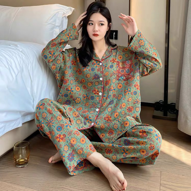 New Pajamas for Women 100kg Plus Size Spring and Autumn Pure Cotton Gauze Cardigan Home Wear Fat Mom Set Autumn New Pajamas for Women 100kg Plus Size Spring and Autumn Pure Cotton Gauze Cardigan Home Wear Fat Mom Set Autumn