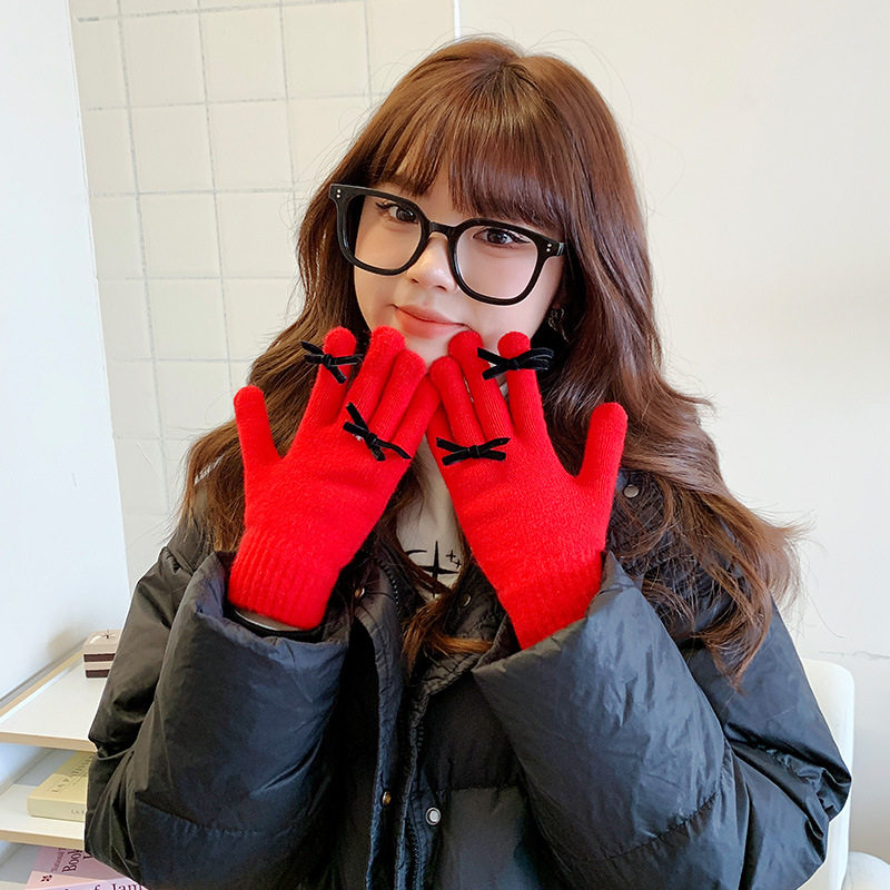 Women's Bow-Knot Gloves - Sweet and Cute for Autumn and Winter, Warm and Cold-Proof, Fingerless, Touchscreen Support, Full-Finger Knitted Wool Gloves
