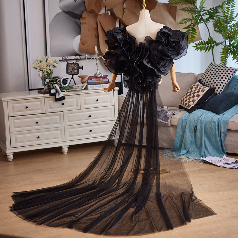 Black Large Shawl with Mesh, High-End Handmade DIY Accessory, Evening Dress Shawl to Cover Arms, Photo Shoot, Exaggerated Train