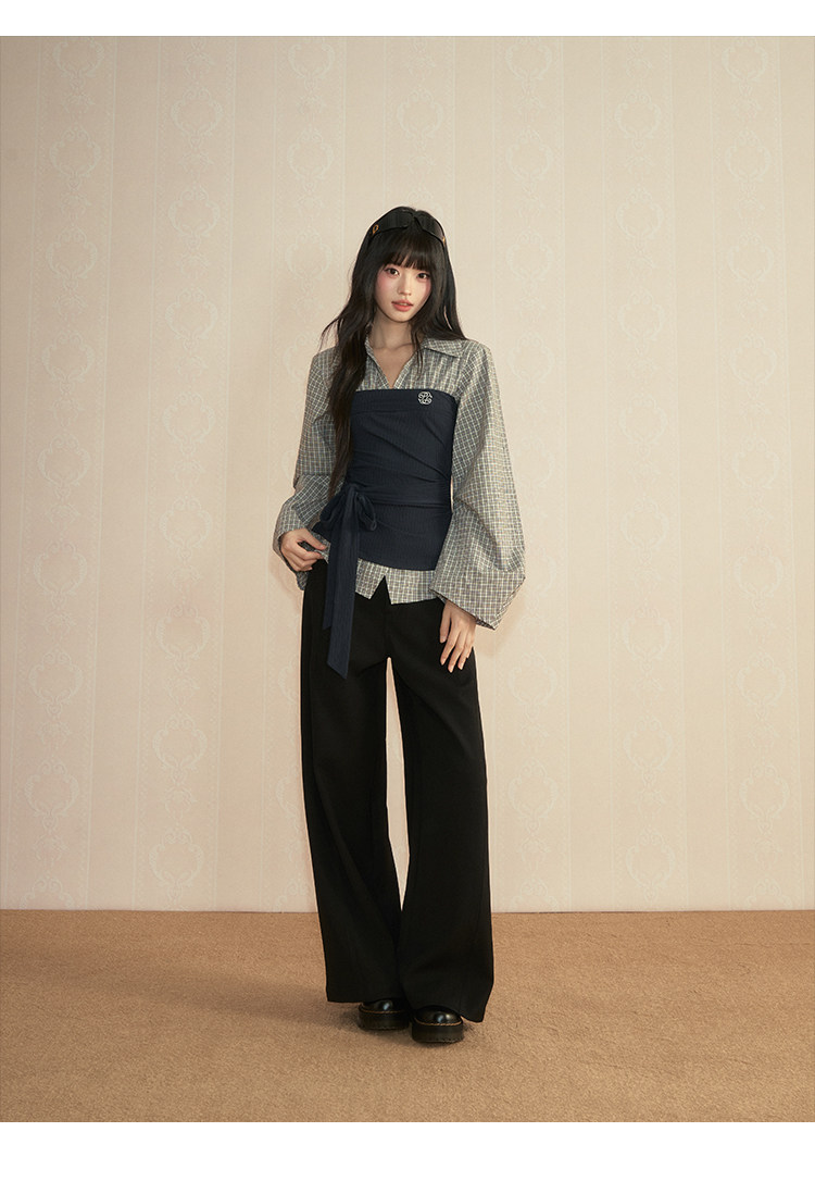 POPWEST Pink Plaid Layered-Look Wide-Leg Pants