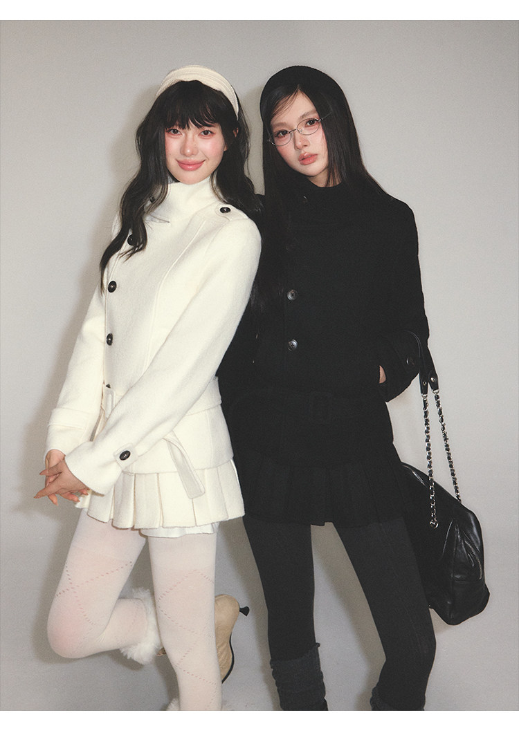 POPWEST Stand Collar Belted Coat And Skirt Set