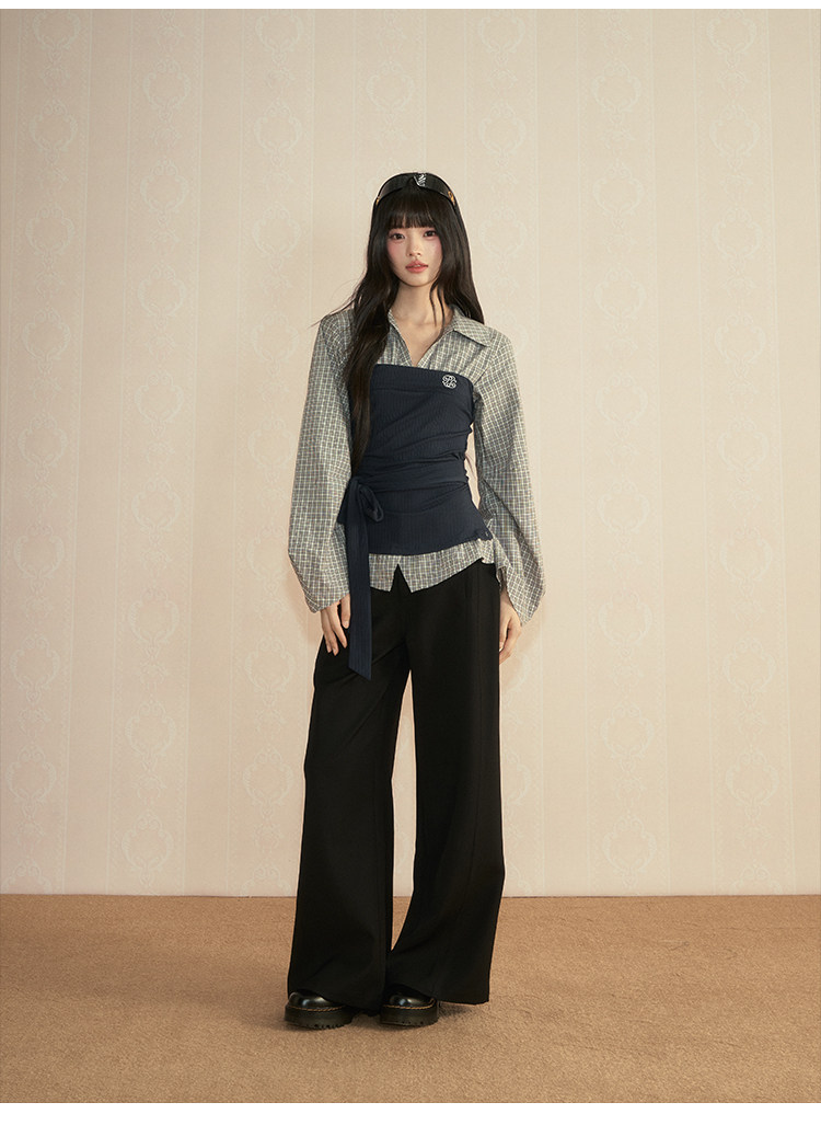 POPWEST Pink Plaid Layered-Look Wide-Leg Pants